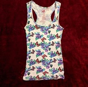 🦋 Vintage Pink Butterfly Purple Flowers Tank Top